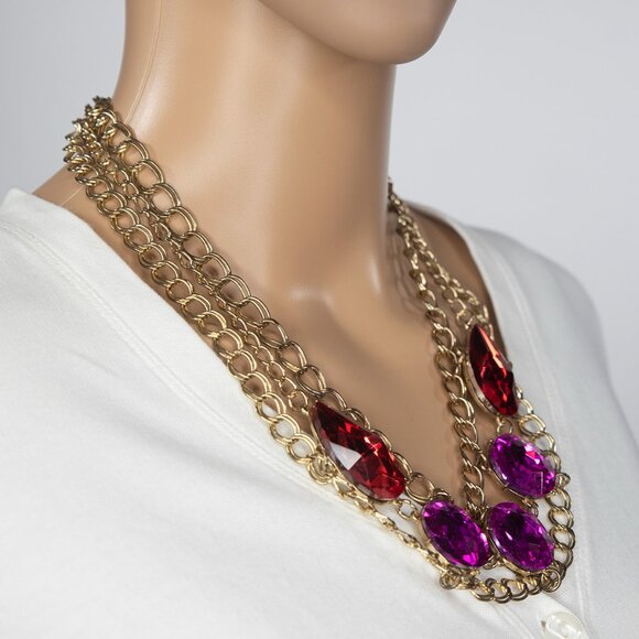 Large Red And Purple Colored Faux Gems On A Faux Gold Colored Chain - Picture 5 of 8